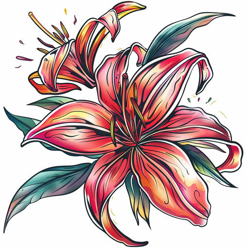 Illustrative spider lily tattoo, cartoonish style with bright colors on flat white background