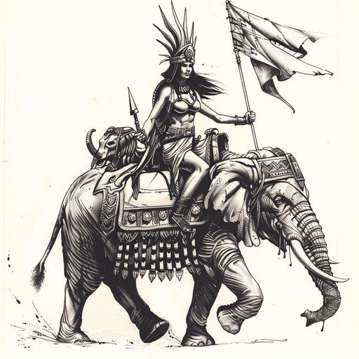 Cleopatra riding a war elephant tattoo stencil, bold and historic, on white.