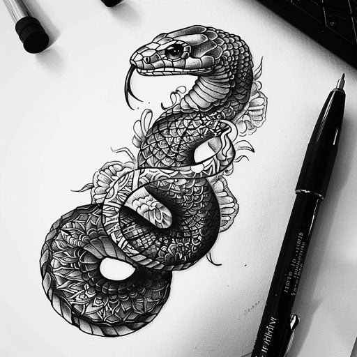 Elegant sketch of cobra tattoo in black and white with intricate lace details