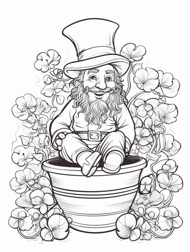 Leprechaun coloring page with pot of gold