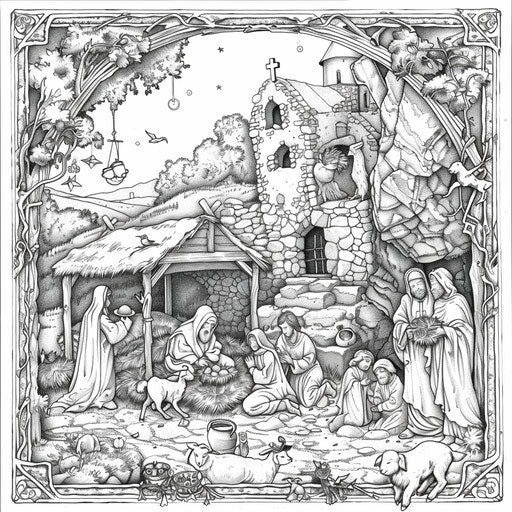 The Nativity scene with detailed surroundings and characters in the style of Gennady Spirin, Coloring book page