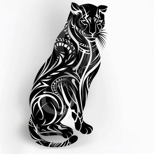 Abstract black panther tattoo merging tribal elements on white background.