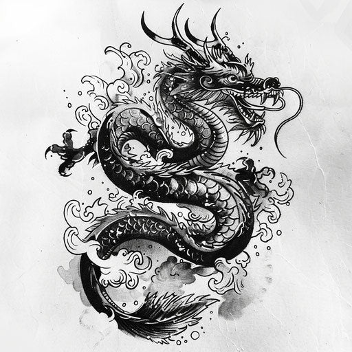 Exotic flat tattoo sketch of a black dragon adorned with traditional Eastern motifs