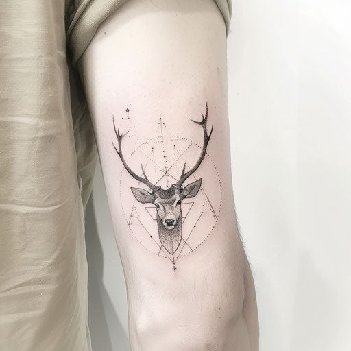 Modern minimalist deer head tattoo on white backdrop