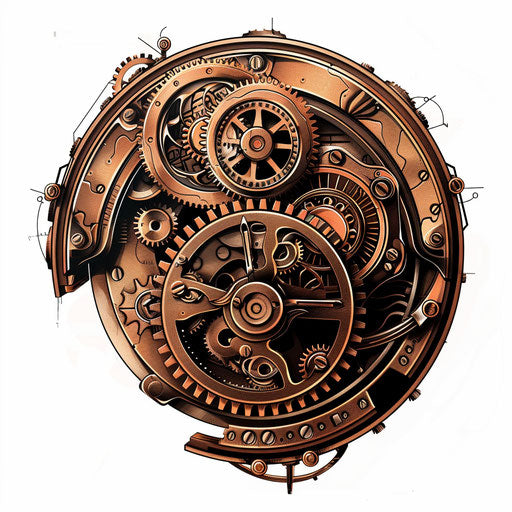 Flat industrial clipart style sketch of a gear-driven clockwork with visible mechanics in copper and steel tones