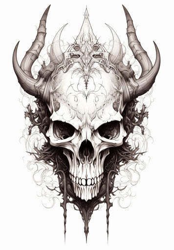 The horned skull tattoo, in the style of d&d, ashcan school, otherworldly beings, trenchcore, caffenol developing, dinopunk, unsettling 23:33