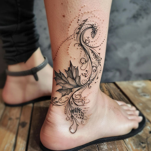 Ankle tattoos in the style of Peter Jackson with a hobbit leaf