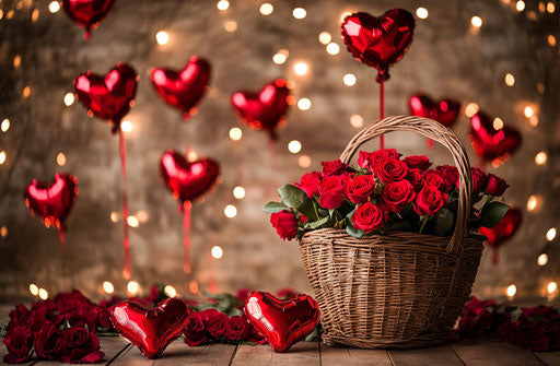 Valentine's Day backdrop, heart-shaped balloons and roses in a basket, background for photography, flowers and lights 29:19