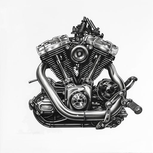Realistic motorcycle engine tattoo design in greyscale