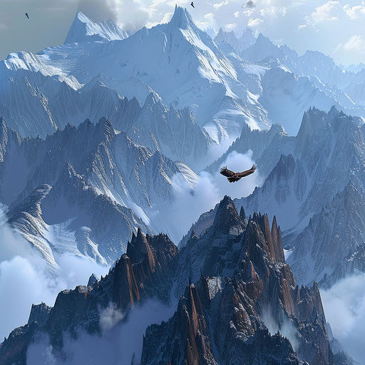 The Kunlun Mountains with an eagle soaring above, in the style of Peter Holme III