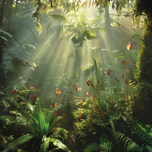 Misty forest with group of Venus flytraps among ferns and moss