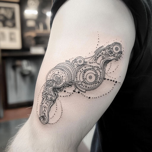 Tricep tattoo of an intricate clockwork mechanism in the style of Guy Aitchison