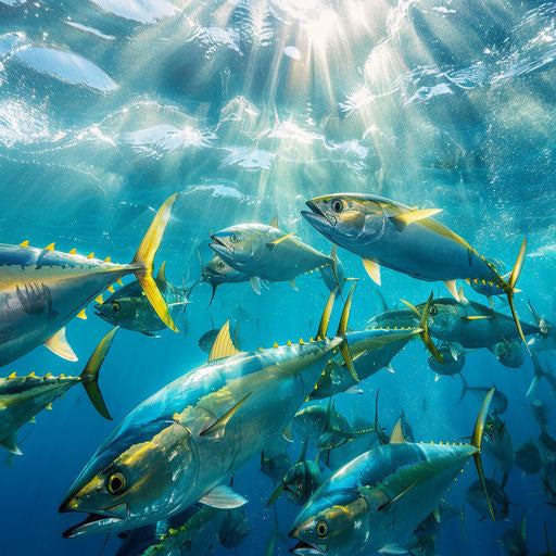 School of yellowfin tuna swimming near ocean surface under bright sunlight