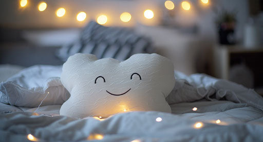 Happy pillow on bed with lights, pillowcase, pillow cover in emotional style
