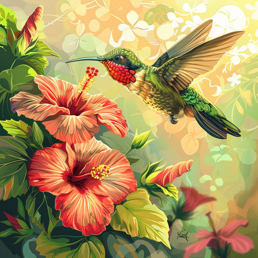 Hummingbird hovering over bright hibiscus flowers