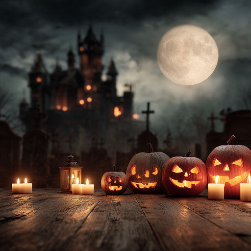 Classic Halloween Scene with Pumpkins and Candles