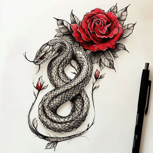 Snake and rose back tattoo on white background