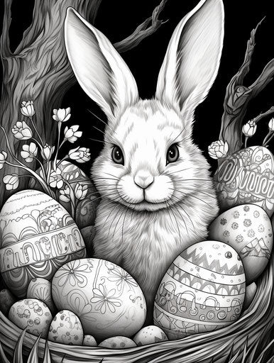 Easter coloring page with eggs and bunny
