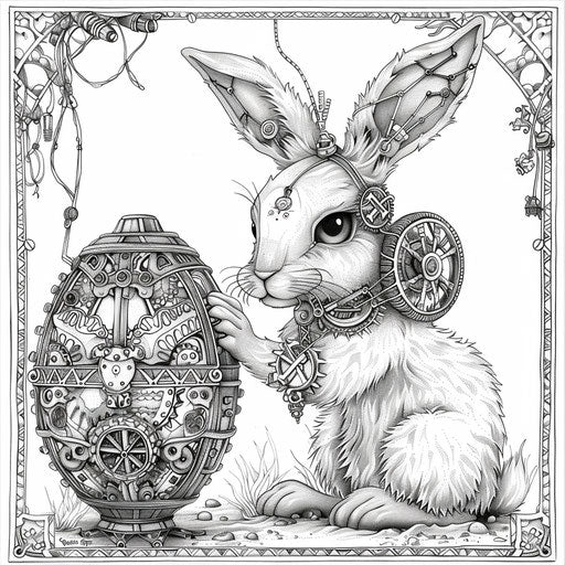 Steampunk Easter bunny with gears and cogs, holding an elaborate egg
