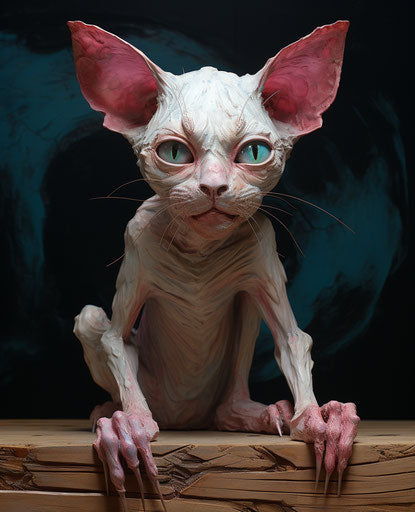 White cat with blue eyes sitting on a wooden counter