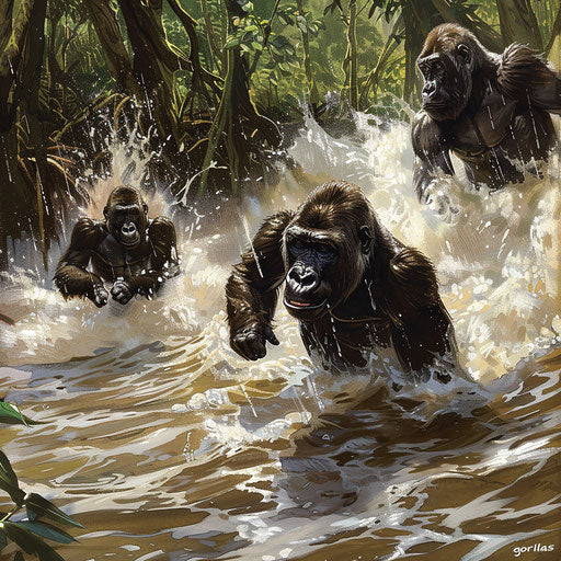 Gorillas crossing river with intelligence and adaptability