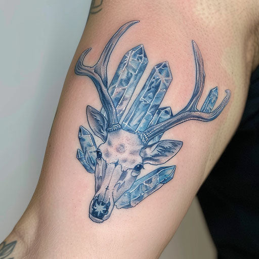 Frost-themed deer skull tattoo with ice crystals, light blues, calm and serene, on white