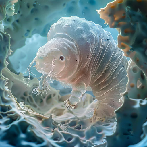 Tardigrade in a serene microscopic landscape
