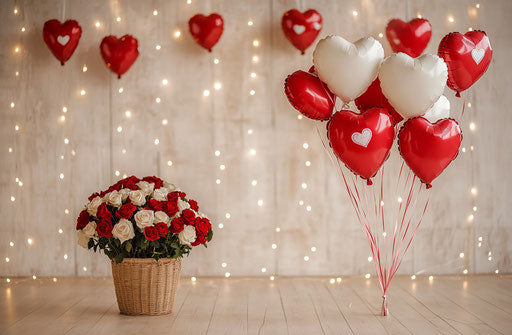 Basket of red and white roses with 12 heart-shaped balloons