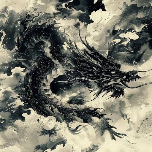 Dynamic tattoo sketch of a black dragon soaring over stormy clouds