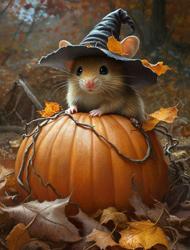 Adorable mouse in witch hat on pumpkin