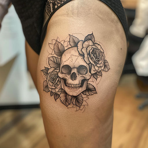 Outline tattoo of a skull with roses