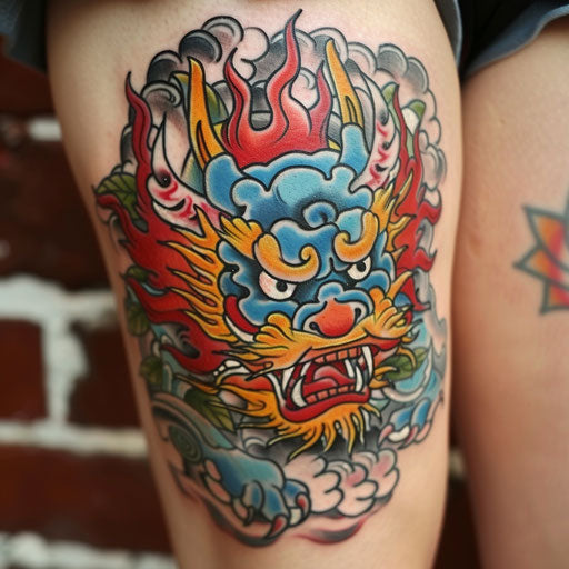 Colorful neo-traditional foo dog tattoo on white backdrop