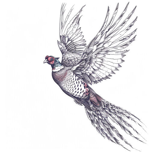 Elegant pheasant in flight, hunting tattoo line art style