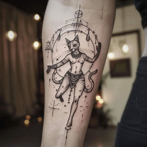 Whimsical flat tattoo sketch of Bastet dancing with celestial symbols around her
