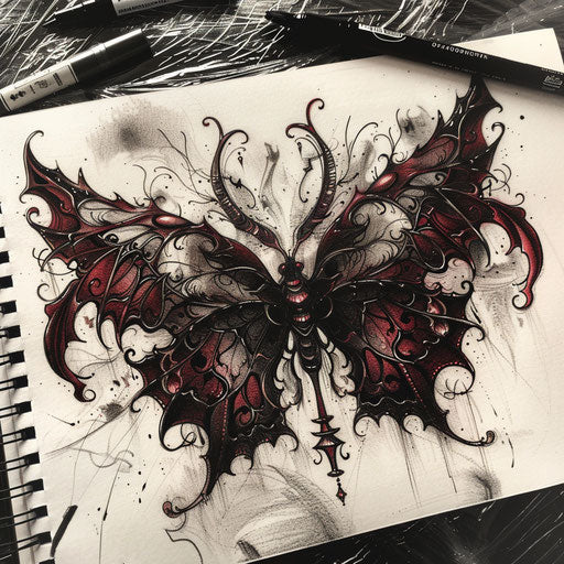 Sketch of a Gothic tattoo of a dark red butterfly with detailed baroque wings