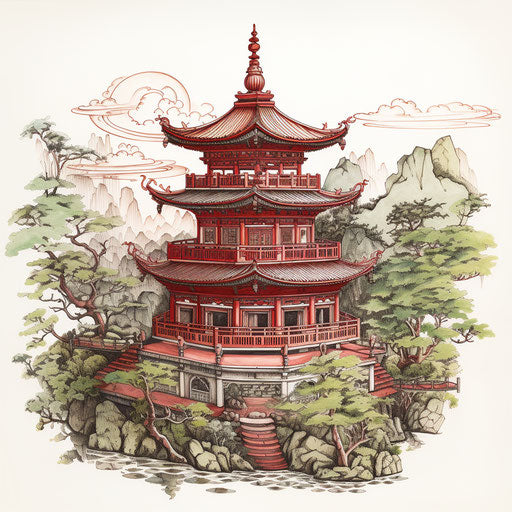 Asian pagoda in dreamy symbolism style