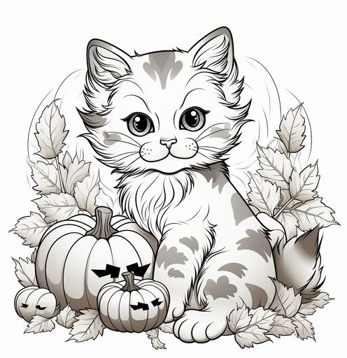 Happy kitten in autumn with pumpkins