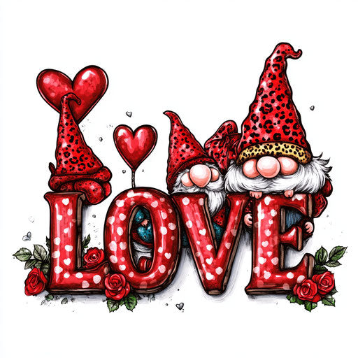 Love word with red hearts and gnomes in hats