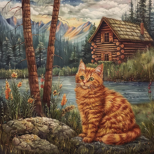 Brown cat sitting in front of a log cabin