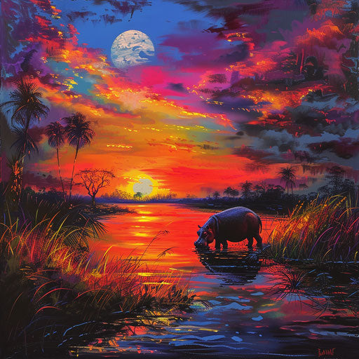 Vibrant scene: hippo grazing on riverside grasses at sunset