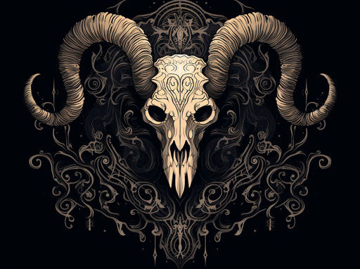 Carved ram skull, simple line style, symmetrical harmony