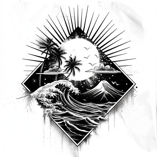 Art Deco inspired beach scene tattoo on white background