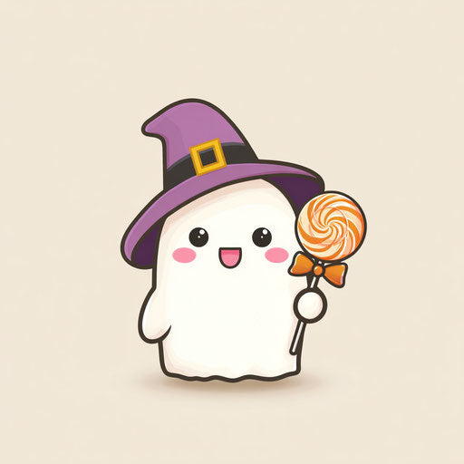 Friendly Ghost with Wizard Hat and Lollipop