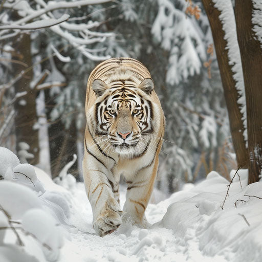 The majestic white tiger roaming in a snow-covered forest