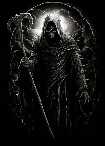 Grim character with scythe, black and white screen printing style