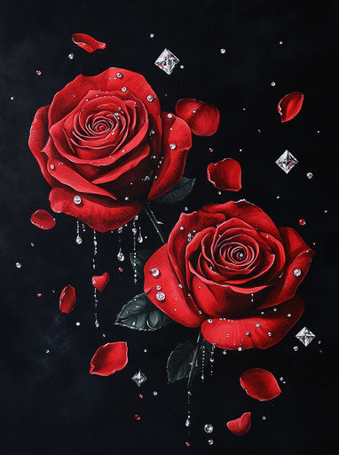 Three red roses with water droplets and diamonds, on black background, with red rose petals.