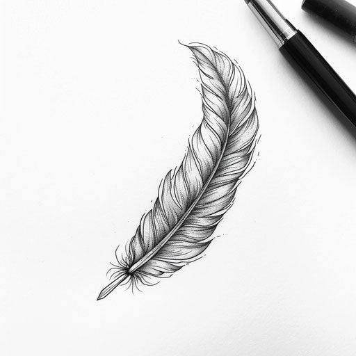 Whimsical flat tattoo sketch of a micro realism feather