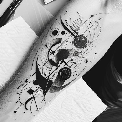 Elegant black and white flat tattoo sketch depicting chaotic abstract patterns