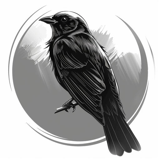 Clipart style flat tattoo sketch of a blackbird with dramatic shadow and highlight effects in grayscale