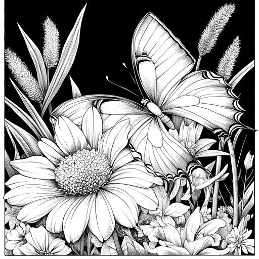 Flower and butterfly in a dramatic scene, in the style of Mark Schultz, intense coloring page